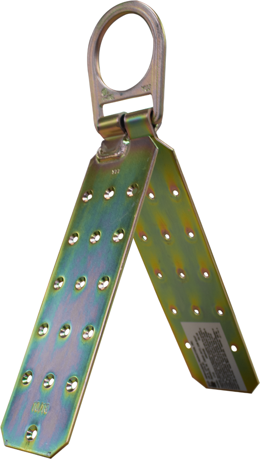 Introducing the French Creek Reusable Roof Anchor with D-Ring 1715 by French Creek Production, featuring a circular loop at the top resembling a D-ring attachment. This product provides a secure locking solution for safety padlocks, ideal for securing machinery during maintenance. Its metallic design is enhanced by a shiny, iridescent finish and includes multiple holes and a hinge.