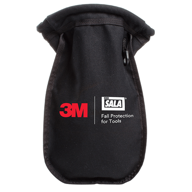 The Python Safety Extra Deep Canvas Black Small Parts Pouch 1500123 is a robust black pouch made from durable duck canvas, featuring a drawstring closure and prominently displaying the red logo of 3M DBI-SALA Fall Protection. It includes text that reads "Fall Protection for Tools" in white, and it ensures secure storage with its innovative neoprene self-closure system.