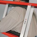 A person humorously finds themselves with their shoulders and arms stuck through the steps of a folded Working Concepts Pak a Ladder 7001, highlighting the importance of proper safety equipment for service workers, with only their head partially visible.