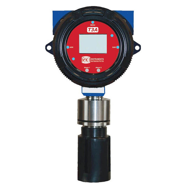 The RKI T3A Sensor/Transmitter with J-Box (CH4) 0-100% LEL, IR by RKI Instruments features a red circular display with a digital screen, control buttons, and a black cylindrical component at the bottom. It is equipped with RS-485 Modbus outputs and designed for detecting and monitoring gas levels in industrial settings.