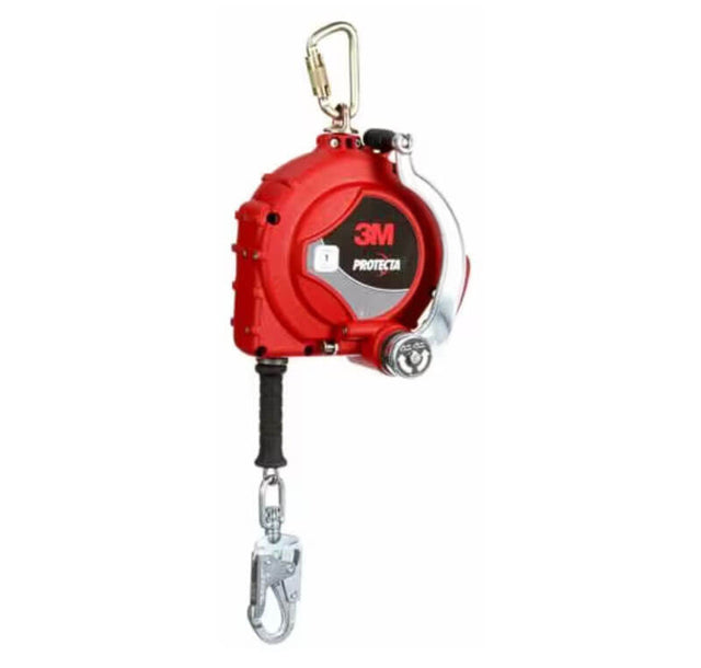 A red 3M Protecta 3-Way SRL, featuring a galvanized cable and equipped with a durable steel swivel snap hook at the bottom, is ideal for fall protection in industrial environments. This reliable device from 3M DBI-SALA Fall Protection includes a sturdy metal carabiner at the top.