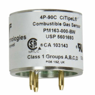 The BW Replacement Combustible LEL Sensor, model number PM163-000-BW, features gold pins and is identified as "4P-90C CiTipeL." As part of the Micro 5 series by BW Honeywell, this cylindrical sensor includes safety certifications and has a predominantly silver body with black text indicating its function as a combustible gas detector.