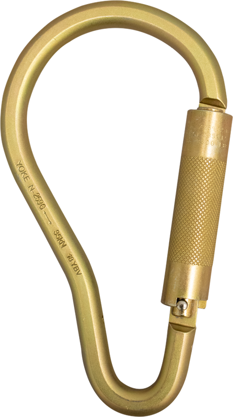 The French Creek Steel Twist-Lock Carabiner 62R from French Creek Production is an oval-shaped, gold-colored carabiner featuring a locking mechanism for outstanding fall protection. Engraved text on its side confirms compliance with ANSI Z359 standards, making it a dependable option for climbers and safety enthusiasts.