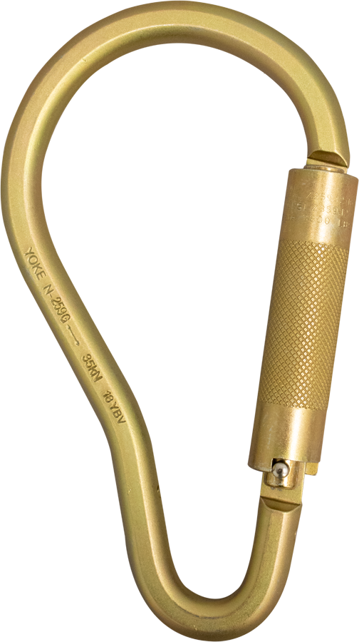 The French Creek Steel Twist-Lock Carabiner 62R from French Creek Production is an oval-shaped, gold-colored carabiner featuring a locking mechanism for outstanding fall protection. Engraved text on its side confirms compliance with ANSI Z359 standards, making it a dependable option for climbers and safety enthusiasts.