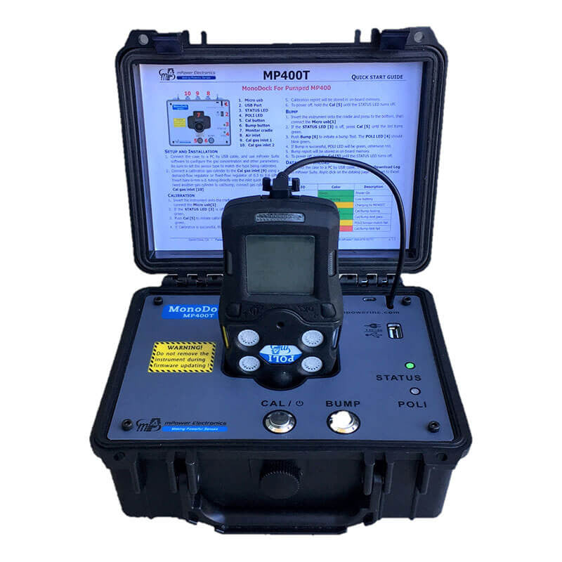 The mPower Electronics POLI MP400T Diffusion MonoDock Single Docking Station is a portable gas detector housed in an open case, equipped with a digital display and control buttons. It includes the Diffusion MonoDock feature for effortless calibration, and a document with instructions is attached inside the lid of the case. The device is labeled as model "MP400T".