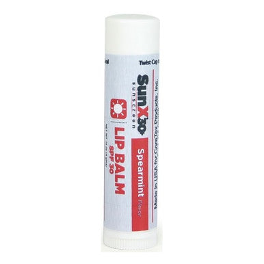 A tube of Coretex SunX SPF30 Sunscreen Lip Balm stands upright, featuring the refreshing spearmint flavor. Offering UVA/UVB protection, the label is predominantly white with red and blue text displaying its brand name and SPF rating, making it ideal for protecting chapped lips against harsh elements.