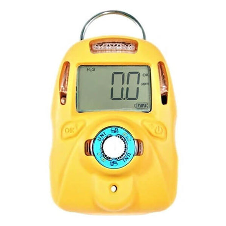 The mPower UNI 321 MP102RT Real Time 2 Yr H2S Single Gas Detector M015-0002-R00 by mPower Electronics is a yellow portable gas detector specifically designed to detect hydrogen sulfide. It features a digital display that reads "0.0" and includes buttons for easy operation. With a clip on top for convenient attachment, this single gas monitor is maintenance-free.