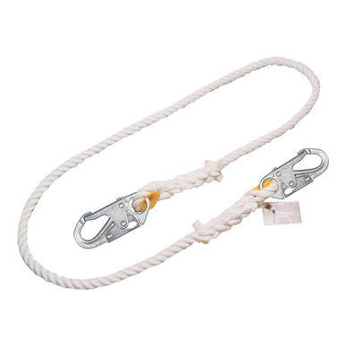 A coiled U-shaped white braided rope comes with metal safety clips on both ends and features yellow tags attached to the silver clips. This Miller Fall Protection Miller Positioning Lanyard T9111R-Z7/6FTWH is perfect for work positioning and restraint, making it suitable for climbing or other safety applications.