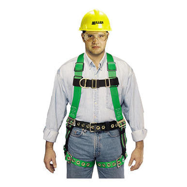 A person wearing a yellow hard hat, safety glasses, and a green Miller DuraFlex Full Body Harness P950-58/UGN by Miller Fall Protection over a light blue shirt and black pants.