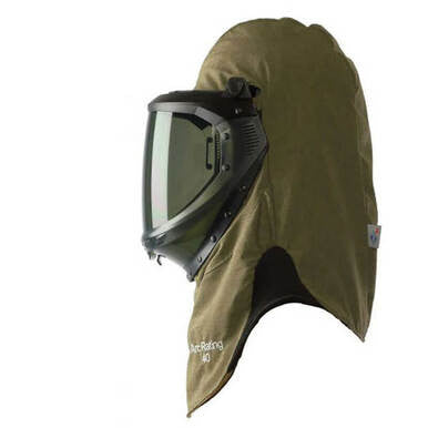 The NSA 40 Cal ArcGuard RevoLite Lift Front Arc Flash Hood, designed with flame-resistant fabric, includes a dark visor to maximize electrical safety. This olive green hood features a rugged texture and provides full head and neck coverage for complete protection.