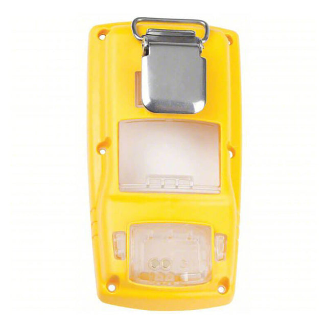 A BW Honeywell Max XT II XT-BC1 multi-gas monitor, in yellow with a silver clip on top, features two rectangular transparent sections. Designed for rugged use with visible screw holes on the sides, it includes a convenient BW Honeywell replacement back enclosure.