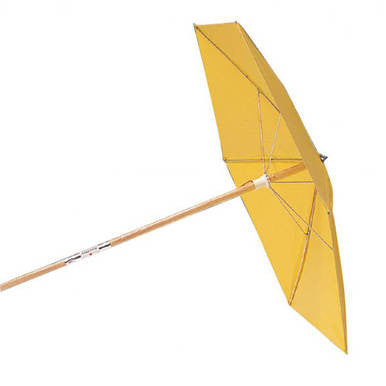 The Allegro Economy Umbrella 9403-01 by Allegro, a yellow patio umbrella with a wooden pole and waterproof vinyl for dependable sun and rain protection, is displayed tilted against a white background.