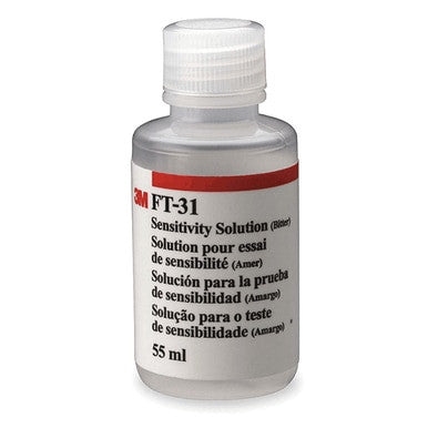 A small 55 ml plastic bottle labeled "3M FT-31 Bitter Sensitivity Solution" is designed for fit tests and is suitable for use with personal protective equipment. The label features text in English, French, Spanish, and Portuguese. It comes with a white screw cap.