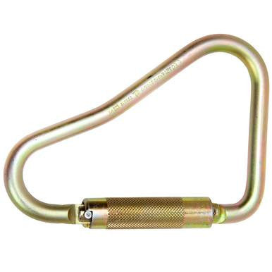 The Skylotec Steel Scaffold Hook Carabiner H-143, a gold-colored, pear-shaped carabiner from Skylotec, features a screw-lock gate mechanism with a large gate opening. It is ideal for fall protection and includes a textured grip near the locking area for secure handling, making it perfect for use as a steel scaffold hook.