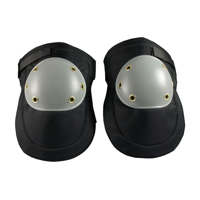 A pair of PIP Hard Plastic Cap Knee Pads 291-100 from Protective Industrial Products, featuring abrasion-resistant gray hard plastic caps with gold rivets for enhanced protection, placed side by side.