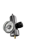 A round, transparent pressure gauge featuring graduated measurements alongside a black adjustment knob and a nickel-plated brass connection point, designed with the CGA 600 standard. This gauge is set against a white backdrop and is perfectly suited for use with the Intermountain Specialty Gases High Pressure Fixed Flow Regulator, 0.5 LPM.