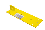 The French Creek Reusable Double Plate Roof Anchor MRA-R from French Creek Production is a yellow metal bracket featuring multiple holes and a welded tab with a circular hole, specifically designed for fall protection. It comes with a white label at the center and is perfect for use as a reusable roof anchor. The background is plain.