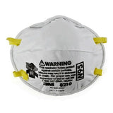 A 3M 8210 N95 General Use Respirator, available in a box of 20, featuring white material with yellow straps and black printed text for protection against particulates. This respirator includes a warning label and the 3M logo, ensuring worker protection in various environments.