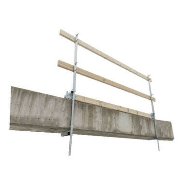 The French Creek Portable Guardrail System GR200 by French Creek Production, featuring a concrete parapet wall with metal clamps and wooden railings, is designed to enhance safety on construction sites. This essential fall prevention system stands isolated against a white background.