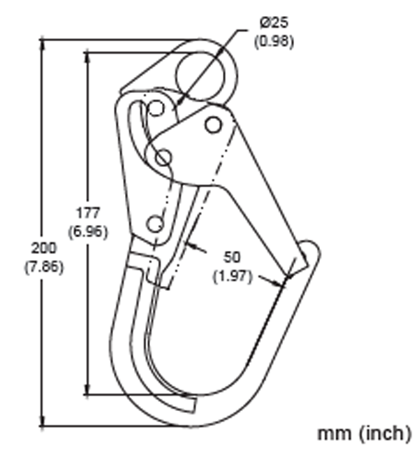 Illustration of the French Creek Steel Locking Rebar Snaphook 69, essential for fall protection. Height is marked as 200 mm (7.86 inches) and 177 mm (6.96 inches), width at 50 mm (1.97 inches), and loop diameter at 25 mm (0.98 inches). Measurements are displayed in millimeters and inches, highlighting its dimensions for safety applications from French Creek Production.
