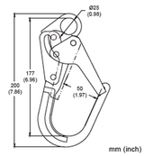 Illustration of the French Creek Steel Locking Rebar Snaphook 69, essential for fall protection. Height is marked as 200 mm (7.86 inches) and 177 mm (6.96 inches), width at 50 mm (1.97 inches), and loop diameter at 25 mm (0.98 inches). Measurements are displayed in millimeters and inches, highlighting its dimensions for safety applications from French Creek Production.
