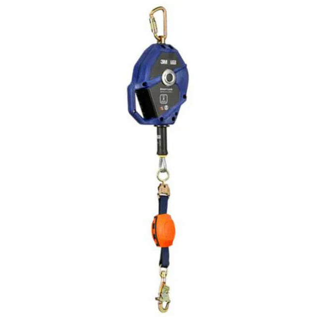 The 3M DBI-SALA Fall Protection Smart Lock Edge Modular Connector SRL, Model 3503850, is a retractable fall protection lifeline with a galvanized cable and features blue housing, an orange reel, and metal clips at both ends to ensure safety in elevated environments. Designed with a Class 2 Modular SRL system, it offers superior security.