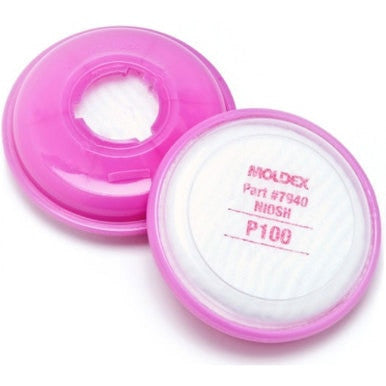 A pair of Moldex 7940 P100 filter disks, one labeled as "MOLDEX Part #7940 NIOSH P100," feature a white filter disk and provide NIOSH-certified protection, making them ideal for respirators requiring high-efficiency particulate air filtration.