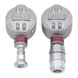 The RKI Direct Connect Gas Sensor LEL, H2 Specific features two industrial metal enclosures prominently branded with "RKI Instruments" on top. These enclosures have cylindrical bases and connectors for securely attaching equipment. Their explosion-proof design ensures safety when used in environments containing toxic gases. Additionally, they exhibit a rugged, metallic finish.