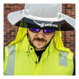 A construction worker wearing an NSA-branded white hard hat equipped with the DRIFIRE Hard Hat Sunshade Kit (KITDFSUNSHD), reflective sunglasses, and a neon yellow high-visibility vest stands in front of a brick wall.