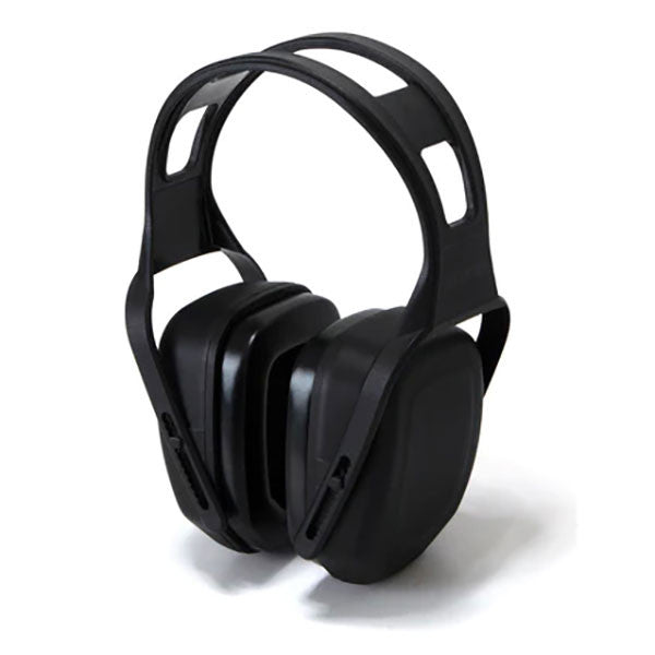 The Pyramex Safety Passive Pro Series Base Level PPM1 Earmuff PPM110 is a pair of black over-ear earmuffs featuring a sleek, minimalist design with rectangular ear cups and an adjustable headband. With its dielectric construction and an NRR 23dB rating, it effectively combines style with noise reduction capabilities.