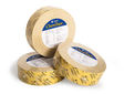 Three rolls from the Kappler ChemTape 24-roll case, in yellow, provide chemical protection. One roll is positioned upright while two others are lying flat. This sealing tape showcases printed text and logos on its surface, along with a white label detailing product information on each roll.