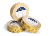 Three rolls from the Kappler ChemTape 24-roll case, in yellow, provide chemical protection. One roll is positioned upright while two others are lying flat. This sealing tape showcases printed text and logos on its surface, along with a white label detailing product information on each roll.