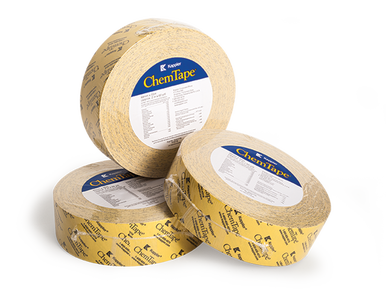 Three rolls from the Kappler ChemTape 24-roll case, in yellow, provide chemical protection. One roll is positioned upright while two others are lying flat. This sealing tape showcases printed text and logos on its surface, along with a white label detailing product information on each roll.