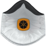 The image showcases a PIP JSP N95 Disposable Respirator with Valve, featuring a white design and a yellow valve in the center. This NIOSH-approved respirator is disposable, crafted with a contoured shape for optimal fit, and includes a dark gray lining along the top edge for enhanced comfort and style.