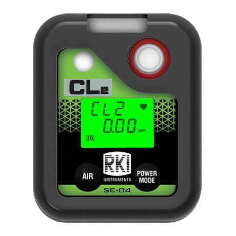 The RKI Instruments SC-04 Series Cl2 Single Gas Monitor (73-0075) in black and green features a digital display indicating "CL2 0.00 ppm," alongside buttons marked "Air" and "Power Mode." The brand name, RKI Instruments, is prominently displayed near the bottom, making it an excellent option for personal protection against toxic gases.