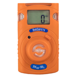 An orange AimSafety NH3 Single Gas Monitor PM100-NH3 displays "0" on its digital screen and functions as a handheld device specifically designed to detect ammonia exposure levels.