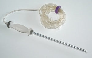 The RAE Systems Sample Probe Assembly 008-3015-100, featuring a white and gray siphon pump with a long metal tube, white handle, and coiled Tygon tubing accented by a purple clip, is elegantly displayed on a light surface.