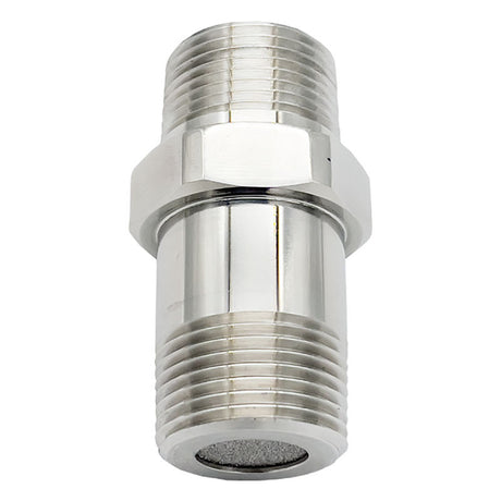 The RKI Instruments MPS LEL Sensor 61-0230, a silver metal pipe fitting featuring threading on both ends and a central hexagonal nut section, is designed for connecting pipes and can be integrated for the detection of combustible gases.