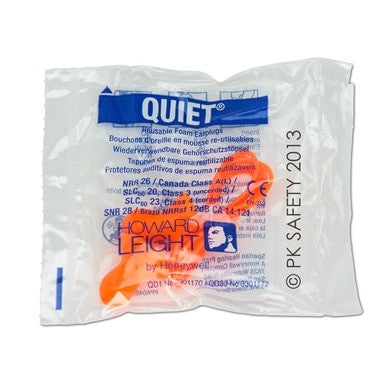 The image showcases a packaged set of Howard Leight Quiet Reusable QD30 Corded Earplugs, noted for their excellent noise reduction and hearing protection. The transparent packaging displays detailed specifications and safety information in blue text, with © PK Safety 2013 also visible.