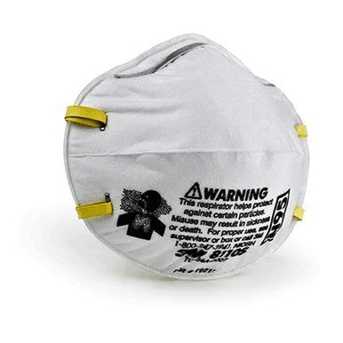 A white 3M 8110S N95 particulate respirator for smaller faces, featuring yellow elastic straps and printed safety warnings and instructions on the front. This NIOSH-approved mask is designed to protect against certain particles.