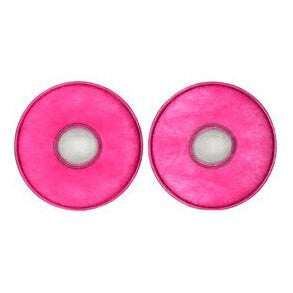 Two round, bright pink 3M 2097 P100 Particulate / Organic Vapor Filters, featuring a circular design with a central white area. Resembling stylized discs or buttons, they evoke the look of filters used in respirators to protect against toxic dusts, placed side by side against a white background.