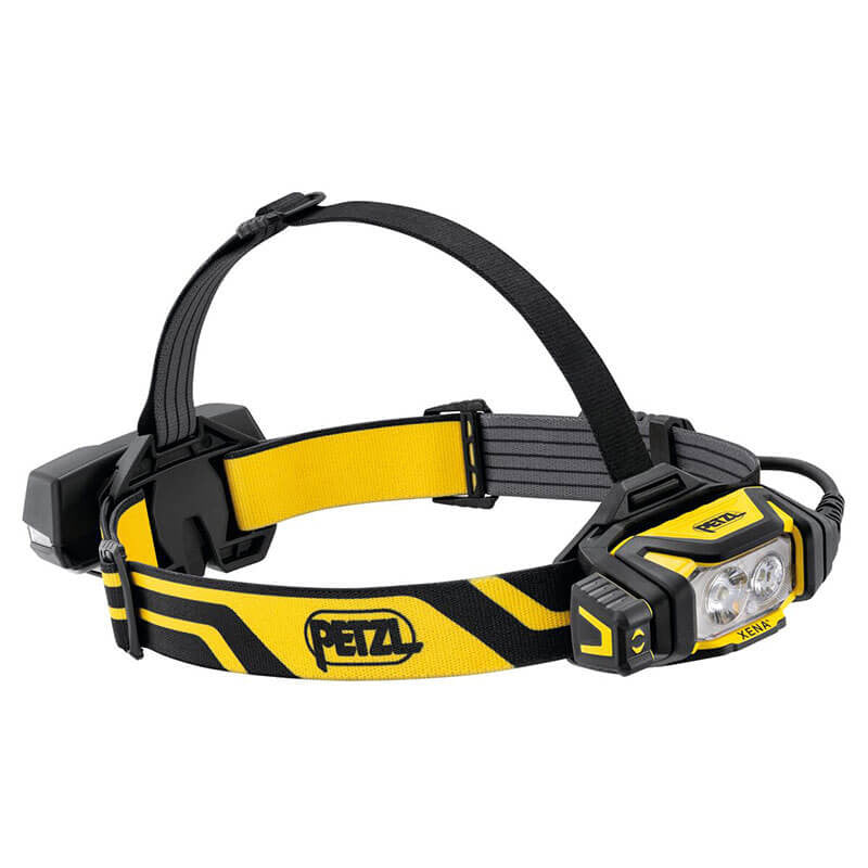 The Petzl XENA Rechargeable Headlamp E004BA00 is a yellow and black headlamp designed for industrial professionals, featuring an adjustable strap and dual light sources. It prominently displays the Petzl logo on the side and offers convenient recharging capabilities.