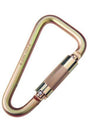 A gold-colored DBI-SALA Saflok Steel Carabiner from 3M DBI-SALA Fall Protection, featuring a 1-3/16 inch gate opening, a locking mechanism, and corrosion resistance with a printed code on its side, is shown against a white background.