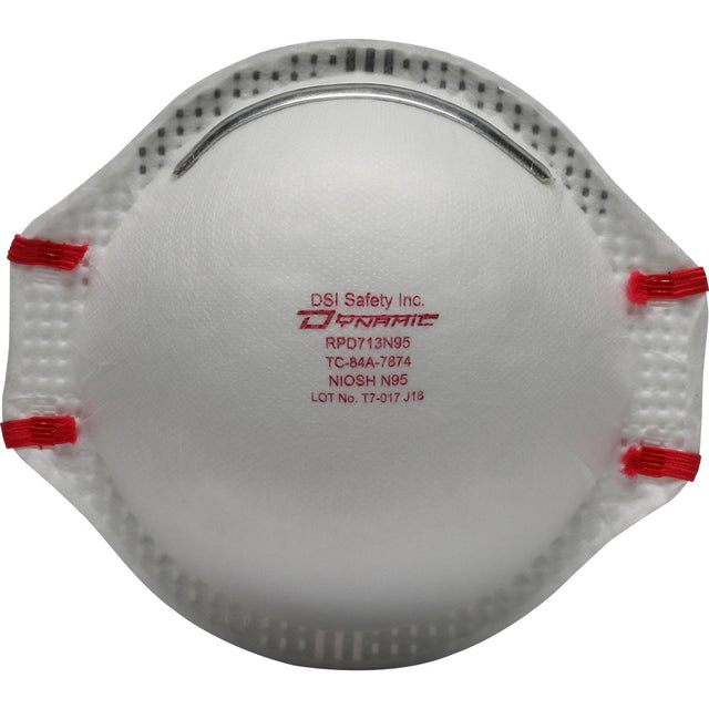 A white PIP Dynamic Deluxe N95 disposable respirator, featuring red elastic straps and a metal nose clip, branded with "PIP - Protective Industrial Products," includes NIOSH respirator certification markings for industrial-grade performance.