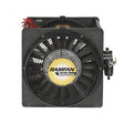 Introducing the RamFan AFi50XX 16 in. Intrinsically Safe Air Driven Blower by Euramco: a square black industrial fan featuring a distinctive yellow center, optimized for hazardous work areas. This blower is equipped with a circular metal grill and includes a convenient control switch on the side. The coiled red cables at the top ensure safe and efficient operation even in demanding environments.