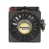 Introducing the RamFan AFi50XX 16 in. Intrinsically Safe Air Driven Blower by Euramco: a square black industrial fan featuring a distinctive yellow center, optimized for hazardous work areas. This blower is equipped with a circular metal grill and includes a convenient control switch on the side. The coiled red cables at the top ensure safe and efficient operation even in demanding environments.