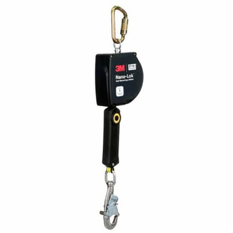 The 3M DBI-SALA Nano-Lok XL SRL, equipped with a swivel snap hook and a 20 ft web extension, features a black housing for reliable fall protection. It has metallic hooks at both ends; one is attached to the top, and the other connects to a black strap extending from the bottom. The lightweight design of this Class 1 lanyard replacement solution makes it ideal for your safety needs.