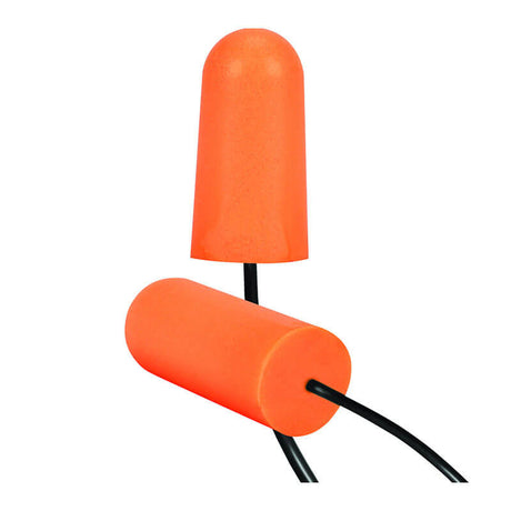 The white background highlights a pair of PIP Mega Bullet Plus Corded Ear Plugs (267-HPF810C) featuring the brand's PowerSoft Foam Technology, consisting of two orange foam earplugs linked by a black cord.