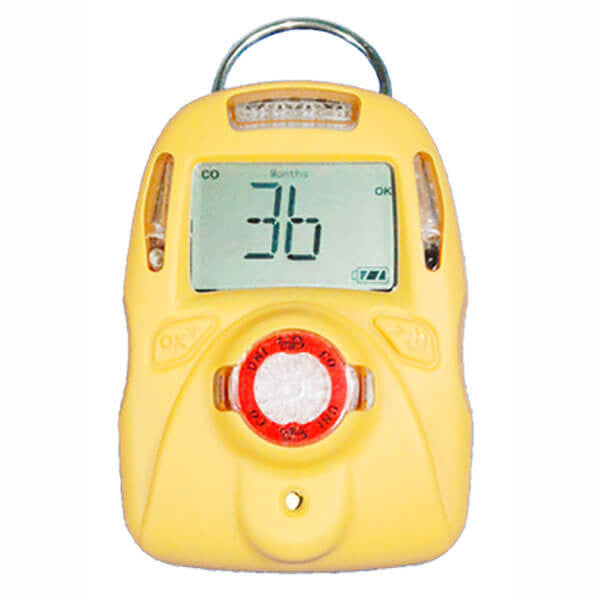 The mPower UNI 321 MP103 3 Yr CO Single Gas Detector M016-0001-000 by mPower Electronics is a maintenance-free yellow electronic device featuring a digital screen displaying "36." It includes circular buttons with a prominent red one, and comes with a keyring at the top for easy portability.