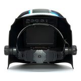 Front view of the Pyramex Safety LEADHEAD Auto Darkening Helmet in black with an adjustable headband and a blue design on top. The Fire Metal WHAM3030FM features an impact-resistant structure and a rectangular viewing window with controls located above it.